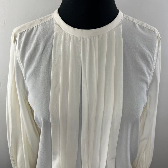 EQUIPMENT Femme White Silk Pleated Front Long Sleeve Round Neck Blouse Top Sz M - Picture 2 of 10
